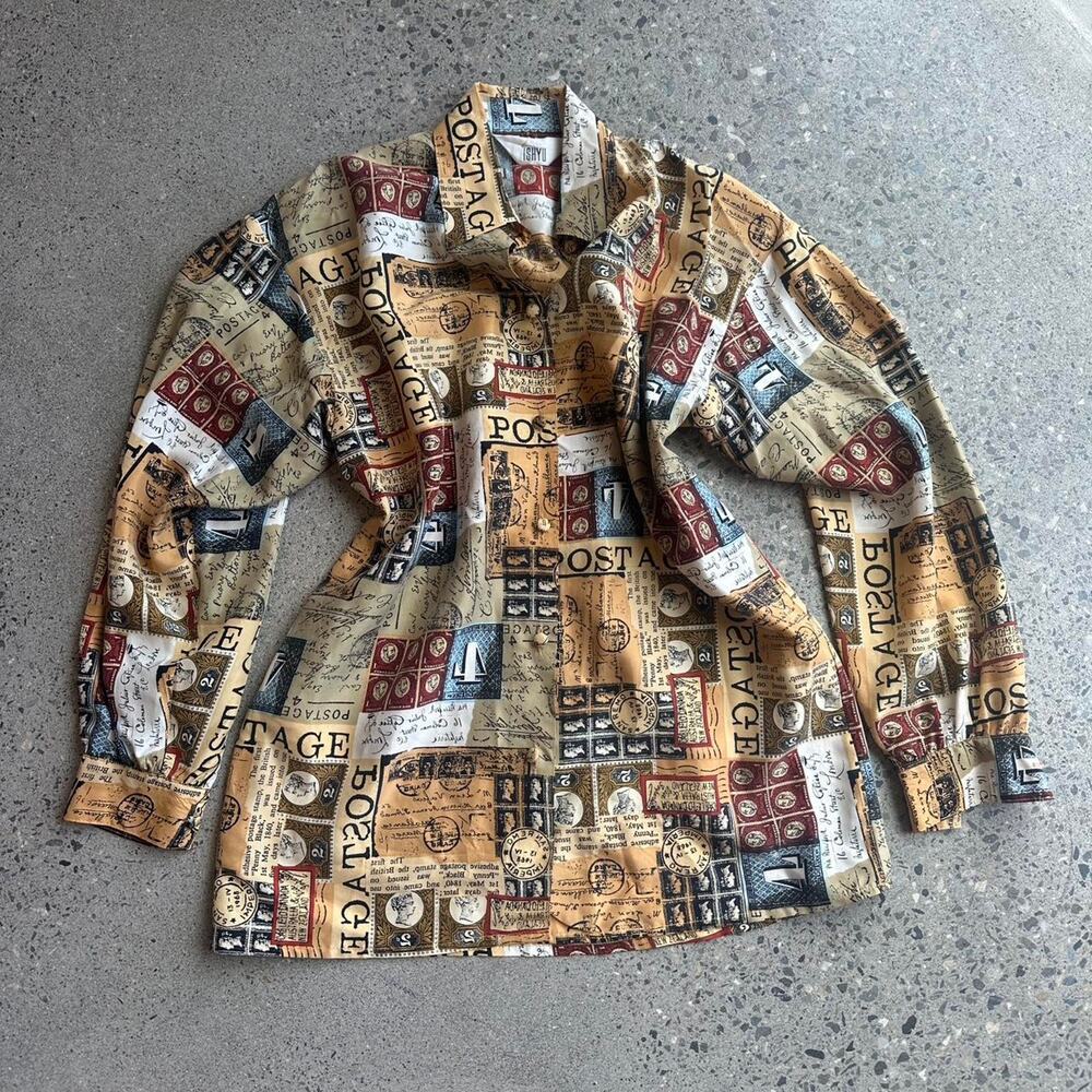 Ishyu Women’s 2 Blouse Travel Postage All Over Print 90s vintage silk button up